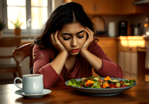 mujer casi durmiendo enfrente de un plato de comida